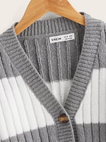 SHEIN Girls Drop Shoulder Two Tone Rib-knit Cardigan - Multicolor - View 4