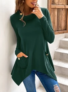Pocket Front Button Detail Asymmetric Hem Tee - Dark Green - View 1