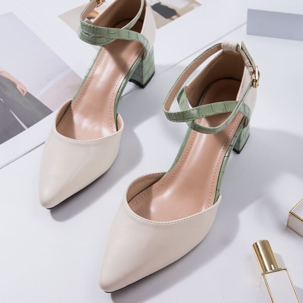 

Colorblock Stone Graphic Detail Ankle Strap Chunky Pumps, Beige