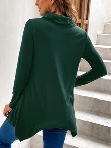 Pocket Front Button Detail Asymmetric Hem Tee - Dark Green - View 2