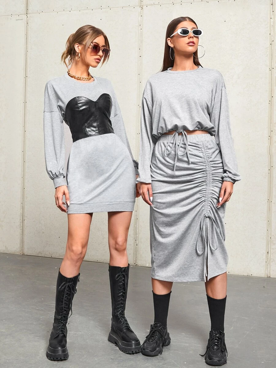 Modelyn Drop Shoulder Sweatshirt Dress & Tube Top - Grey - View 1