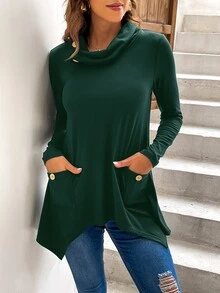 Pocket Front Button Detail Asymmetric Hem Tee - Dark Green - View 4