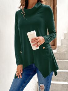Pocket Front Button Detail Asymmetric Hem Tee - Dark Green - View 5