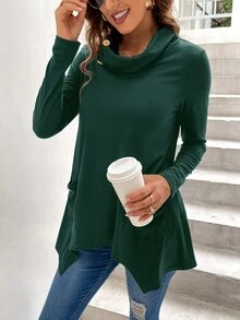 Pocket Front Button Detail Asymmetric Hem Tee - Dark Green - View 6