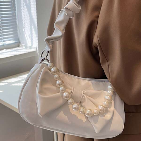 

Bow & Faux Pearl Decor Ruched Baguette Bag, White