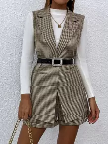 SHEIN Clasi Plaid Lapel Collar Single Button Waistcoat With Shorts - Multicolor - View 1