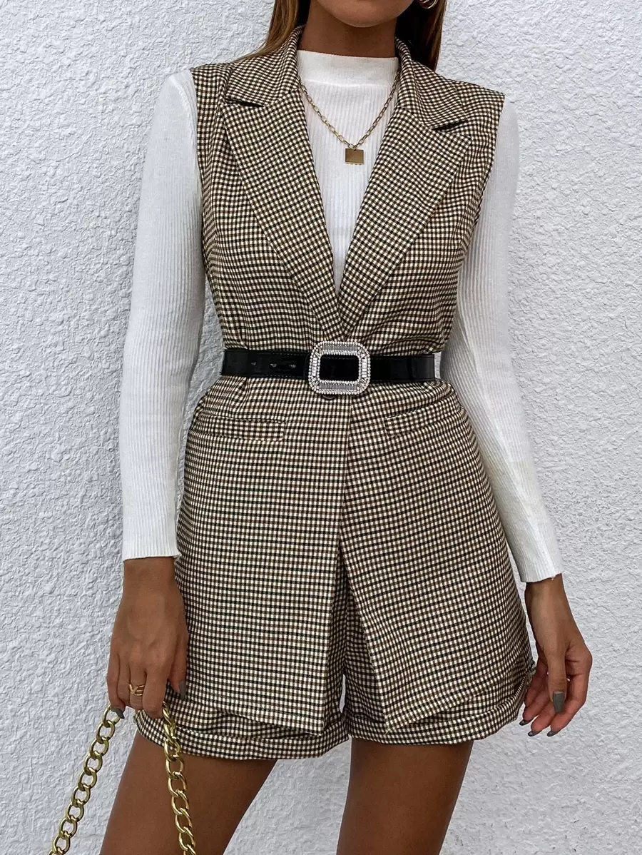 SHEIN Clasi Plaid Lapel Collar Single Button Waistcoat With Shorts - Multicolor - View 1