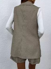SHEIN Clasi Plaid Lapel Collar Single Button Waistcoat With Shorts - Multicolor - View 2