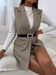 SHEIN Clasi Plaid Lapel Collar Single Button Waistcoat With Shorts - Multicolor - View 4