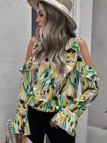 SHEIN LUNE Áo sơ mi nữ Cắt ra Xù Tất cả trên in Boho - Nhiều màu - Xem 1