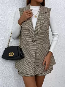 SHEIN Clasi Plaid Lapel Collar Single Button Waistcoat With Shorts - Multicolor - View 6