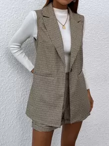 SHEIN Clasi Plaid Lapel Collar Single Button Waistcoat With Shorts - Multicolor - View 7