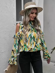 SHEIN LUNE Áo sơ mi nữ Cắt ra Xù Tất cả trên in Boho - Nhiều màu - Xem 3
