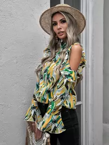 SHEIN LUNE Áo sơ mi nữ Cắt ra Xù Tất cả trên in Boho - Nhiều màu - Xem 4