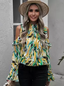 SHEIN LUNE Áo sơ mi nữ Cắt ra Xù Tất cả trên in Boho - Nhiều màu - Xem 6