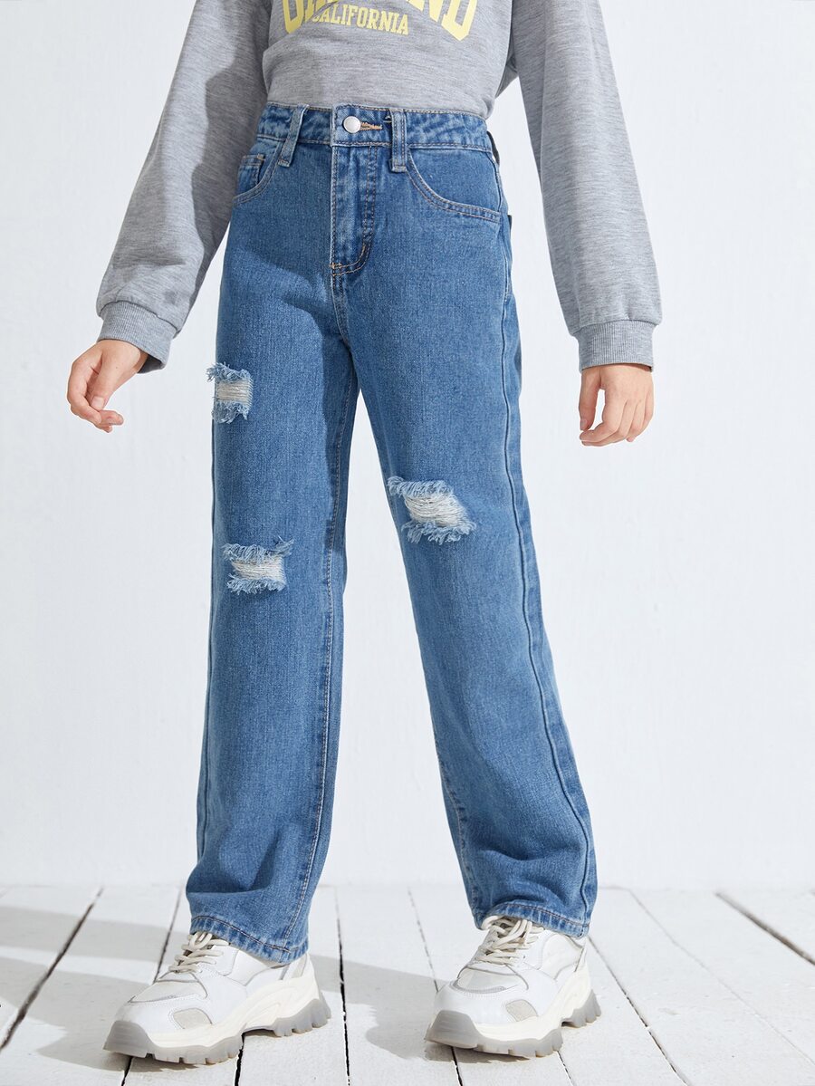 SHEIN Niñas Jeans rotos de talle alto - Azul lavado medio - Ver 1