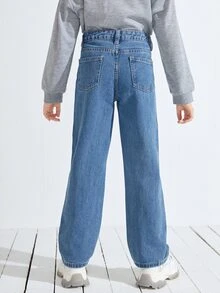 SHEIN Niñas Jeans rotos de talle alto - Azul lavado medio - Ver 2