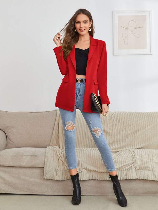 SHEIN Privé Peak Collar Flap Detail Solid Blazer SHEIN USA