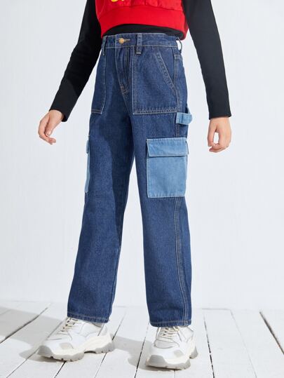 SHEIN 女孩高腰撞色側翻蓋口袋工裝牛仔褲