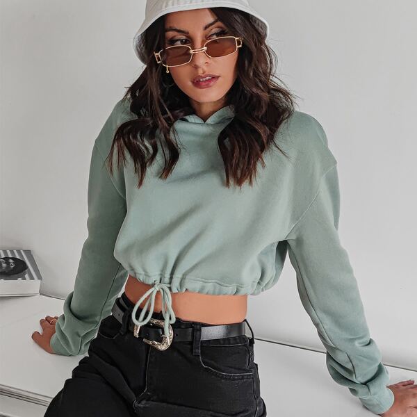 

Drop Shoulder Drawstring Hem Thermal Lined Hoodie, Mint green