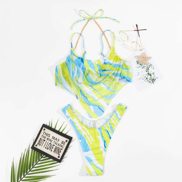

Colorblock Chain Linked Bikini Swimsuit, Multicolor