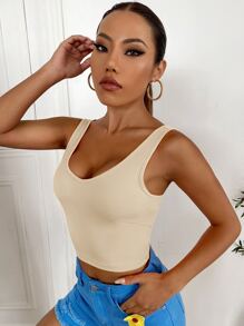 SHEIN Unity V Neck Rib-Knit Crop Tank Top, Suitable For Summer - Apricot - View 3