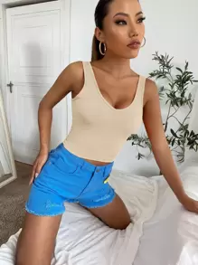 SHEIN Unity V Neck Rib-Knit Crop Tank Top, Suitable For Summer - Apricot - View 4