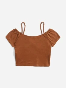 ROMWE 素色挖肩羅紋T恤 - 棕色 - 查看 2