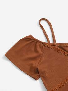 ROMWE 素色挖肩羅紋T恤 - 棕色 - 查看 4