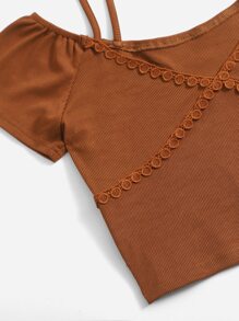 ROMWE 素色挖肩羅紋T恤 - 棕色 - 查看 5