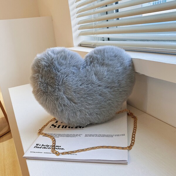 

Girls Heart Shaped Fluffy Chain Novelty Bag, Grey