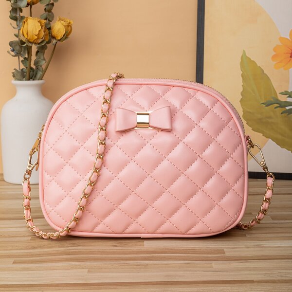 

Bow Decor Quilted Pattern Dome Bag, Pink