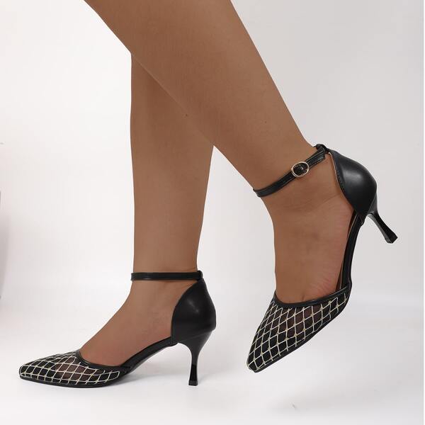 

Geometric Graphic Ankle Strap Pyramid Pumps, Multicolor