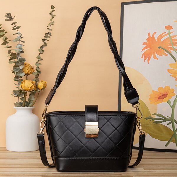 

Quilted Metal Lock Shoulder Bag, Black