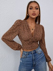 SHEIN Clasi بلوزة قصيرة طباعة متكررة اكمام بيشوب مدرز خلفي - بني - مشاهدة 3