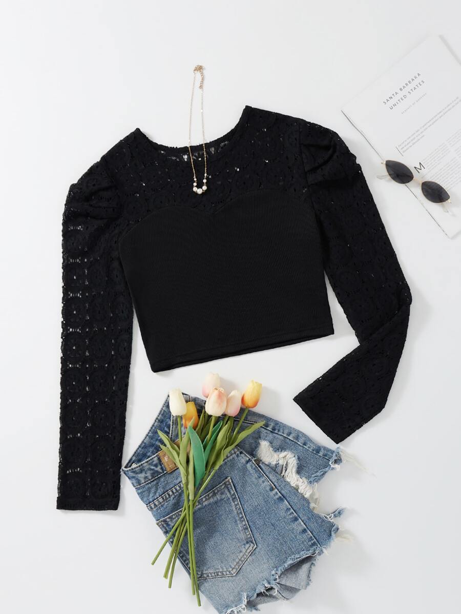Contrast Lace Puff Sleeve Crop Tee - Black - View 1