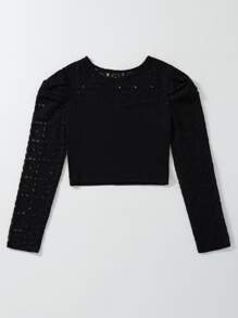 Contrast Lace Puff Sleeve Crop Tee - Black - View 2