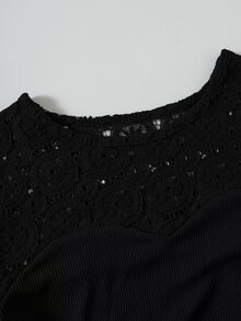 Contrast Lace Puff Sleeve Crop Tee - Black - View 4