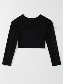 Contrast Lace Puff Sleeve Crop Tee - Black - View 5