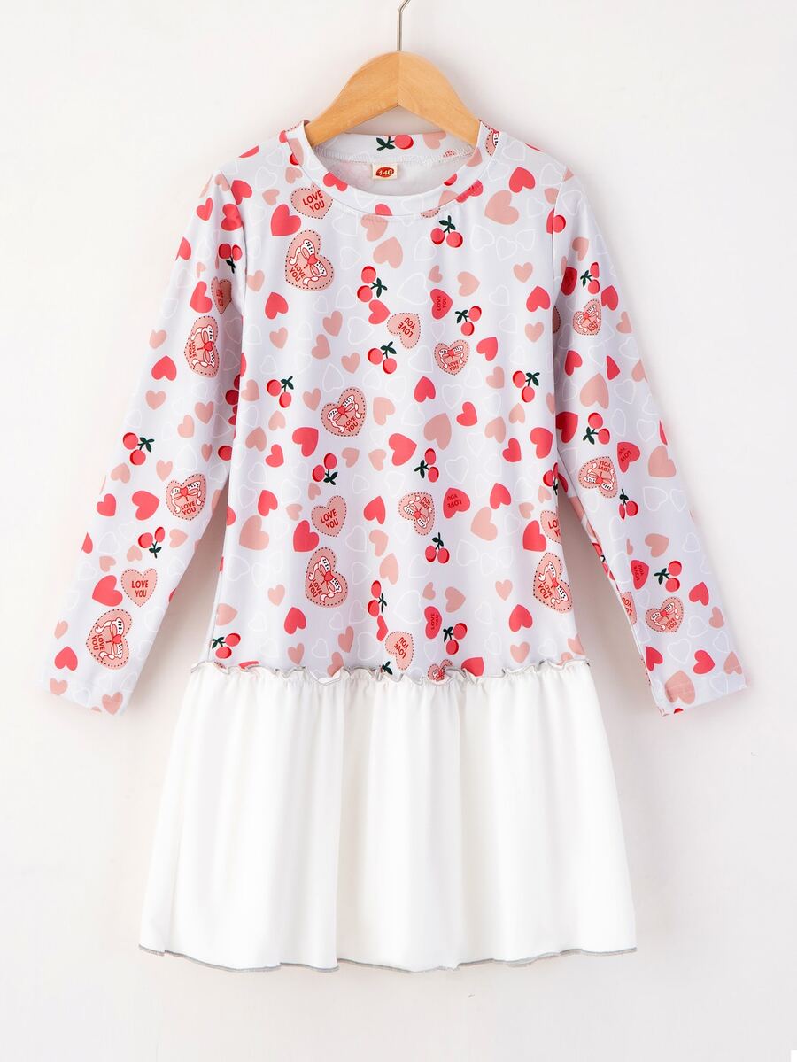 女孩心和櫻桃圖案荷葉邊娃娃裙 - 彩色 - 查看 1