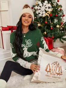 Suéter de hombros caídos con patrón de Navidad - Multicolor - Ver 1