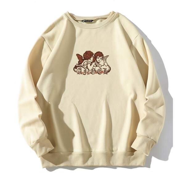 

Angel & Letter Graphic Thermal Pullover, Khaki