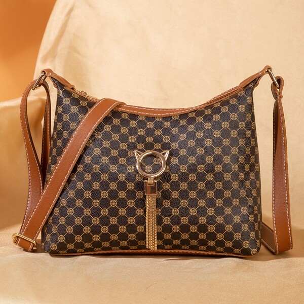 

Tassel Decor All Over Print Square Bag, Coffee brown