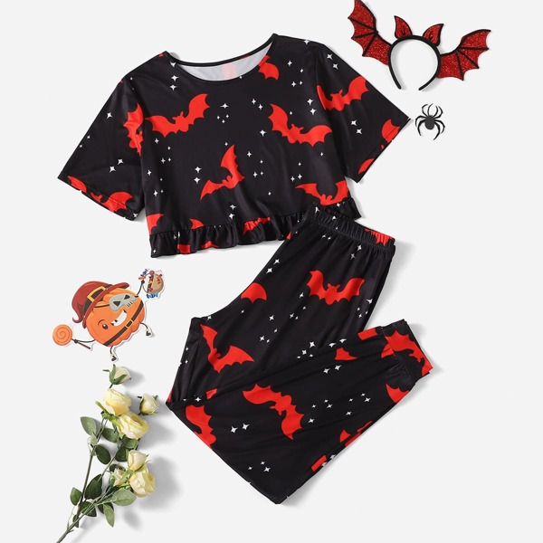 

Plus Bat Print Ruffle Hem Pajama Set, Black