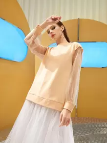 Taran Sudadera de cuello redondo con insertos de malla y caída de hombro - Albaricoque - Ver 1