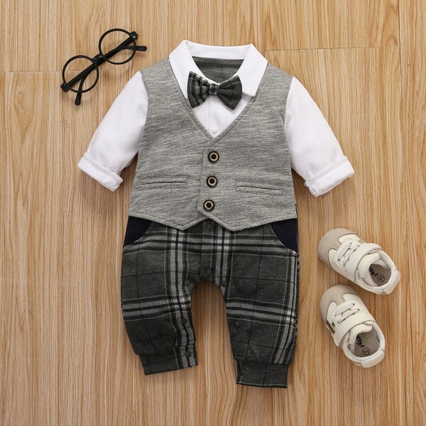 

Baby 2 In 1 Bow Neck Plaid Jumpsuit, Multicolor