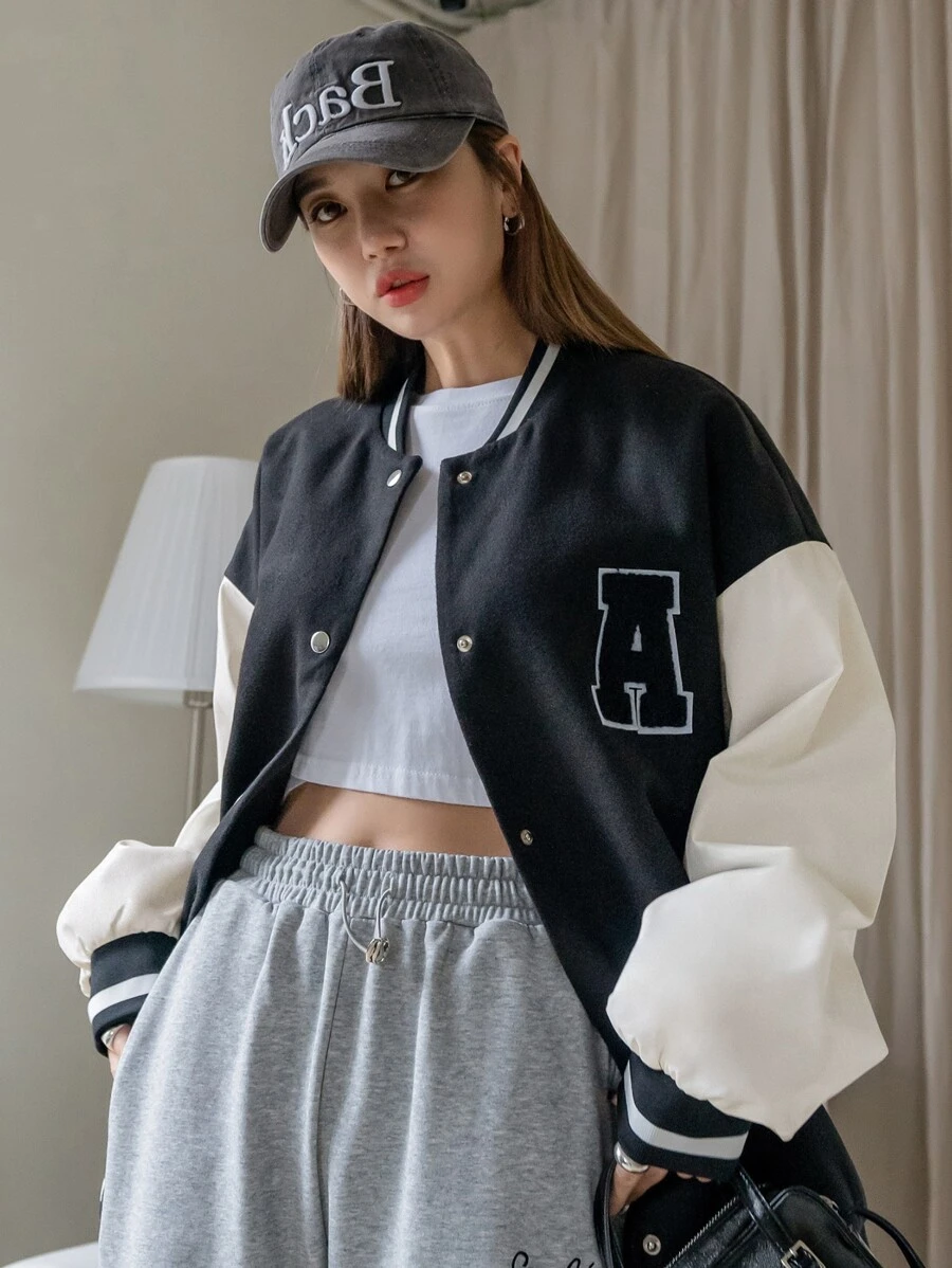 DAZY 字母拼接彩塊落肩校園風夾克 - 黑與白 - 查看 1