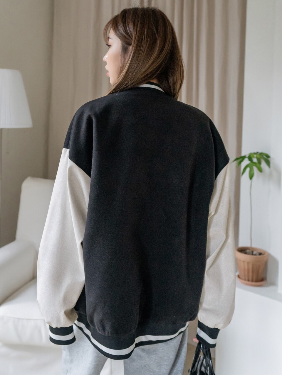Letter Patched Color Block Drop Shoulder Varsity Jacket