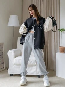 DAZY 字母拼接彩塊落肩校園風夾克 - 黑與白 - 查看 3