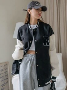 DAZY 字母拼接彩塊落肩校園風夾克 - 黑與白 - 查看 4